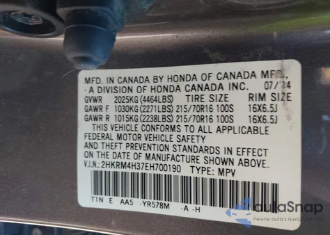 2014 Honda Cr-V Lx from USA, damaged, VIN 2HKRM4H37EH700190